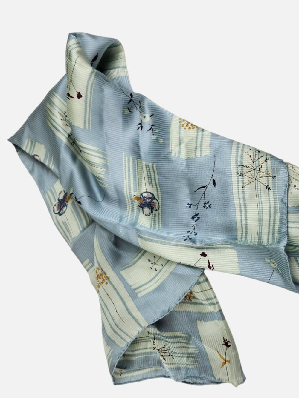 Perry Ellis Silk Scarf Square 34x34" Botanicals Blue Green Cream Hand Rolled VTG